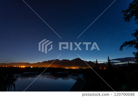 Pyramid Mountain silhouette reflected on Athabasca River at twilight time. Town Jasper at night. Alberta, Canada. 120700086