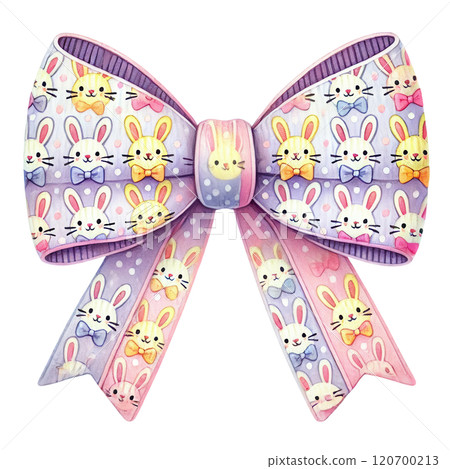An adorable Easter bow featuring a playful bunny pattern with pastel polka dots and vibrant colors, perfect for decor. An adorable Easter bow featuring a playful bunny pattern with pastel polka dots and vibrant colors, perfect for decor. 120700213