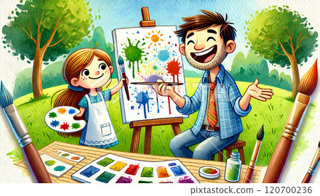 Father and Daughter Painting Outdoors Together 120700236