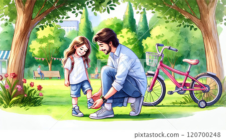 Father Helping Daughter Tie Shoes in Park Father Helping Daughter Tie Shoes in Park 120700248