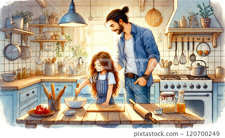 Father and Daughter Cooking Together in Kitchen 120700249