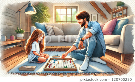 Father and Daughter Playing Board Game at Home 120700250