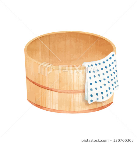 Vector illustration of a watercolor hand-drawn bucket and bean-dyed tenugui 120700303