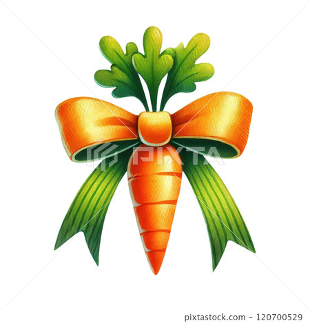 A vibrant Easter bow featuring a carrot centerpiece with green leaves and orange ribbons, perfect for festive decor. 120700529