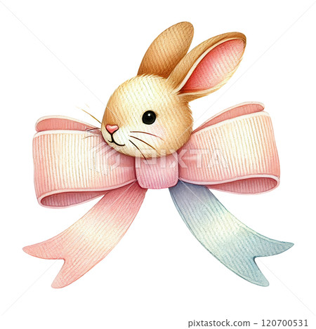 An adorable Easter bow featuring a bunny head with pastel pink and blue ribbons, perfect for festive decorations. 120700531