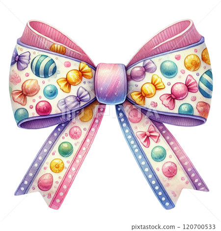 A vibrant Easter bow decorated with colorful candy patterns, polka dots, and pastel accents, perfect for festive occasions. 120700533