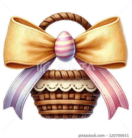 A delightful Easter basket adorned with a golden bow, pastel ribbons, and a decorative striped egg centerpiece. 120700631