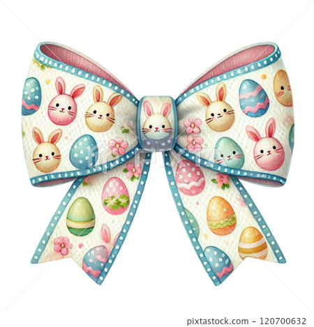 A festive Easter bow adorned with cute bunny faces, colorful eggs, flowers, and dotted accents, perfect for decorations. A festive Easter bow adorned with cute bunny faces, colorful eggs, flowers, and dotted accents, perfect for decorations. 120700632