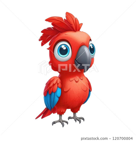 Cute cartoon red parrot with blue eyes and wings. 120700804