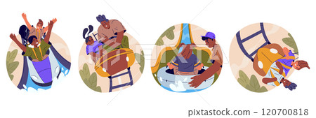 Set of vector illustration for amusement park attraction. Roller coaster and water slides. Waterpark track with cartoon people and wet tubes. Carousel ride and aqua zone. Entertainment and holiday 120700818