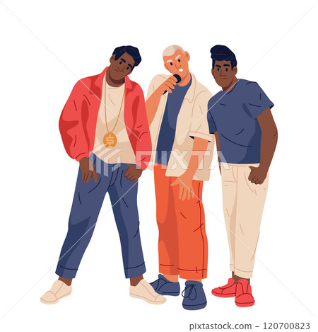 Isolated hip hop band vector illustration. Rap crew or energetic group, freestyle group or street performers, urban rhythm vocal. Live or studio musical performance. Entertainer or concert artist. Mic 120700823