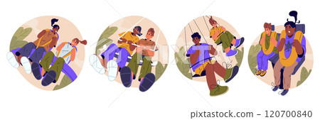 Set of vector people at roller coster or amusement park carousel. Holiday attraction for fun and entertainment. Fast adrenaline track with multicultural pair at swing seesaw. Outdoor festive ride 120700840