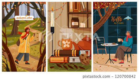Autumn vibe style. Set of banners. Vector illustrations. Ways to relax outside or at home. Walking outside in the park or sitting by the street cafe, reading the book. Happy fall mood, cozy lifestyle. 120700842