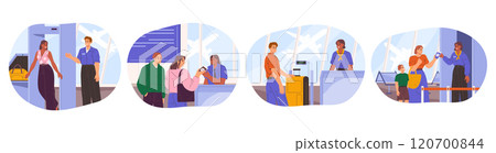 Set of vector airport control illustration. Airline baggage check and hand luggage x-ray, passport verification and document identification, registration and authorization. Flight travel and air trip 120700844