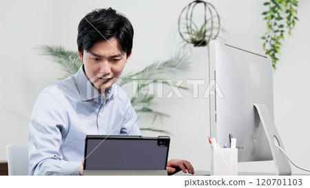 Businessman having trouble with computer work 120701103