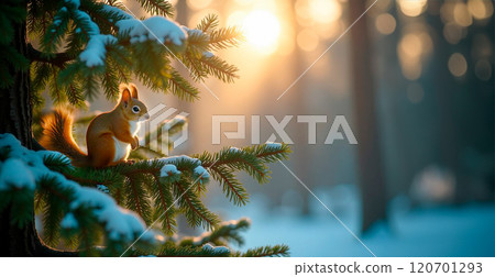 Squirrel on branches of spruce tree in snowy winter forest. Banner with copy space 120701293