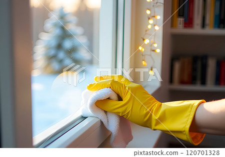 Housewife washes windows, preparing house for winter holidays - New Year and Christmas. Hand in yellow rubber glove with rag in close-up. Making home cozy 120701328
