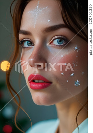 Close-up of woman with glittery snowflake pattern on her face showing creative beauty and makeup. Christmas portrait 120701330