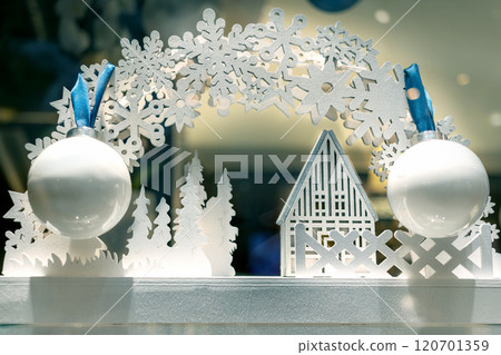 Christmas decorations in form of cabin, fence, balls and Christmas trees 120701359