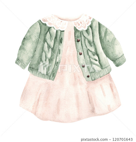 Baby girl dress and cardigan. Hand painted cute children winter clothes set. Watercolor illustration in vintage style isolated on a white background. For tags, baby shower invitations and greeting Baby girl dress and cardigan. Hand painted cute children winter clothes set. Watercolor illustration in vintage style isolated on a white background. For tags, baby shower invitations and greeting 120701643