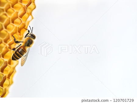The image vividly captures two honeybees on a honeycomb 120701729
