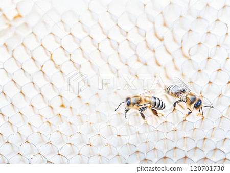 The image vividly captures two honeybees on a honeycomb 120701730