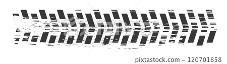 Tyre mark car or bike wheel trace, grunge textured trail silhouette. Top view, print brush stroke dirt. Speed rally dirty rubber path. 120701858