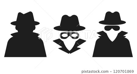 Incognito icon, mystery secret spy or detective silhouette, figure with hat glass or mask. Anonymous invisible character figure. Incognito icon, mystery secret spy or detective silhouette, figure with hat glass or mask. Anonymous invisible character figure. 120701869