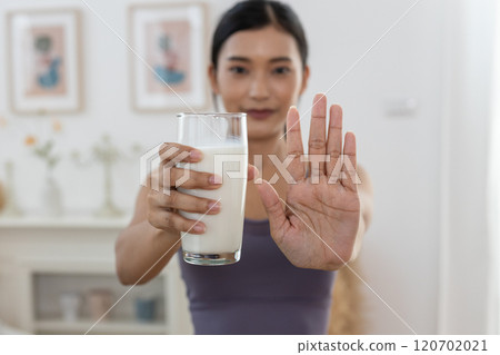 Female resistance deny drinking milk, symptom lactose allergy, concept of health problem, stop milk type drink, women intolerance ingredient from calcium, stomach ache painful. Female resistance deny drinking milk, symptom lactose allergy, concept of health problem, stop milk type drink, women intolerance ingredient from calcium, stomach ache painful. 120702021