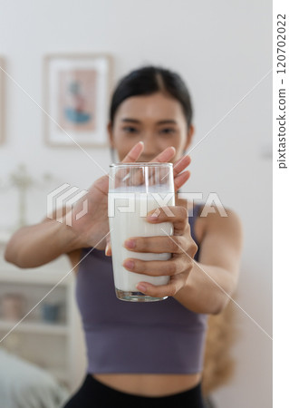 Female resistance deny drinking milk, symptom lactose allergy, concept of health problem, stop milk type drink, women intolerance ingredient from calcium, stomach ache painful. 120702022