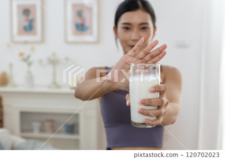 Female resistance deny drinking milk, symptom lactose allergy, concept of health problem, stop milk type drink, women intolerance ingredient from calcium, stomach ache painful. 120702023