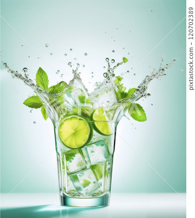 The image vividly captures the dynamic and refreshing moment of bright lime wedges and fresh mint leaves, along with crystal-clear ice cubes splashing energetically in a glass of mojito 120702389