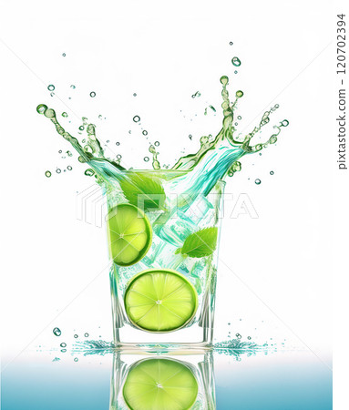 The image vividly captures the dynamic and refreshing moment of bright lime wedges and fresh mint leaves, along with crystal-clear ice cubes splashing energetically in a glass of mojito 120702394