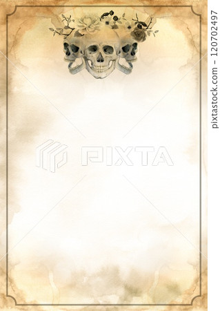 Old yellowed paper with a skull stamp. Pirate sign on an old manuscript. Watercolor background with paint drips, imitation of the texture of an old manuscript in sepia. Blurred abstract background. 120702497