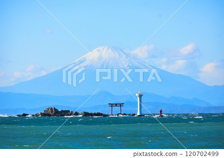 November 2025: Snow-capped Mt. Fuji, Hayama Lighthouse, and the Torii Gate on Najima 120702499