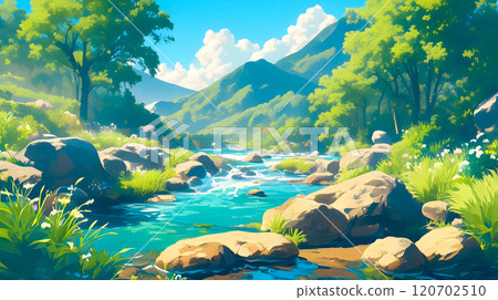 一條平靜的河流流經明亮的山脈的插圖景觀 120702510