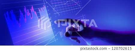 Hand interacting with glowing digital financial charts in blue futuristic interface. Data visualization, finance, and market analysis. Hand interacting with glowing digital financial charts in blue futuristic interface. Data visualization, finance, and market analysis. 120702615