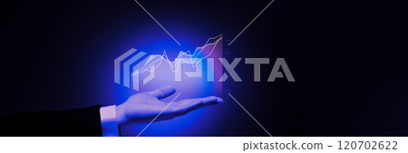 Hand presenting holographic bar charts, symbolizing success, innovation, and modern business solutions. Banner. 120702622