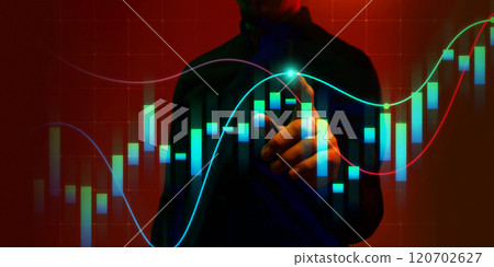 Businessman pointing at digital stock market graphs, candlestick chart, emphasizing trading, market trends, and economic growth. Businessman pointing at digital stock market graphs, candlestick chart, emphasizing trading, market trends, and economic growth. 120702627