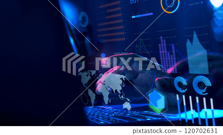 Conceptual display of global business analytics with interactive charts and world map, highlighting international trends. 120702631