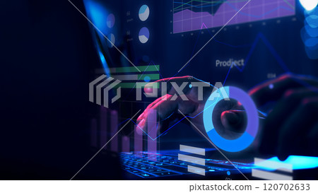 Hand interacting with holographic interface displaying charts and graphs, symbolizing modern data analysis of project Hand interacting with holographic interface displaying charts and graphs, symbolizing modern data analysis of project 120702633