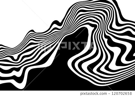 Wave lines abstract background, black thin wavy stripes with movement optical effect. Minimalistic drawing, graphic curves flow. Modern vector. Eps 10 120702658