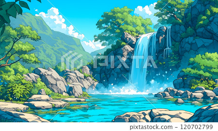 Illustration landscape of a small waterfall in the mountains 120702799