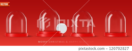 Realistic 3d glass snow globes with empty podium isolated on red background. Vector illustration Realistic 3d glass snow globes with empty podium isolated on red background. Vector illustration 120702827