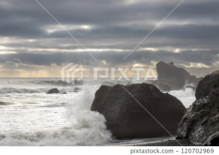 Rock formations in Atlantic ocean, Vik, Iceland 120702969