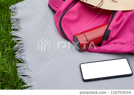 Picnic Setup with Backpack and Phone Placeholder 120703039