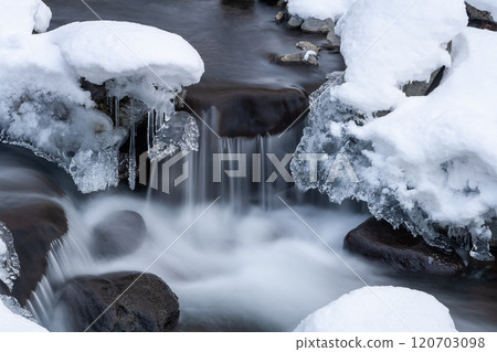 清澈的溪流在雪地裡流淌 清澈的溪流在雪地裡流淌 120703098