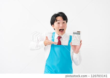 Businessman, demonstration sales, calculator Businessman, demonstration sales, calculator 120703141