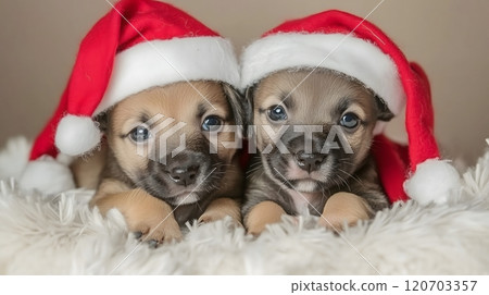 Cute Puppies in Santa Hats Resting on Fluffy White Blanket_1 120703357
