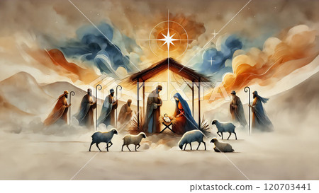 Nativity scene in Bethlehem. Christmas scene. Illustration showing Holy Family baby Jesus in the manger Mary and Joseph.  Banner Copy space. Watercolor painting 120703441